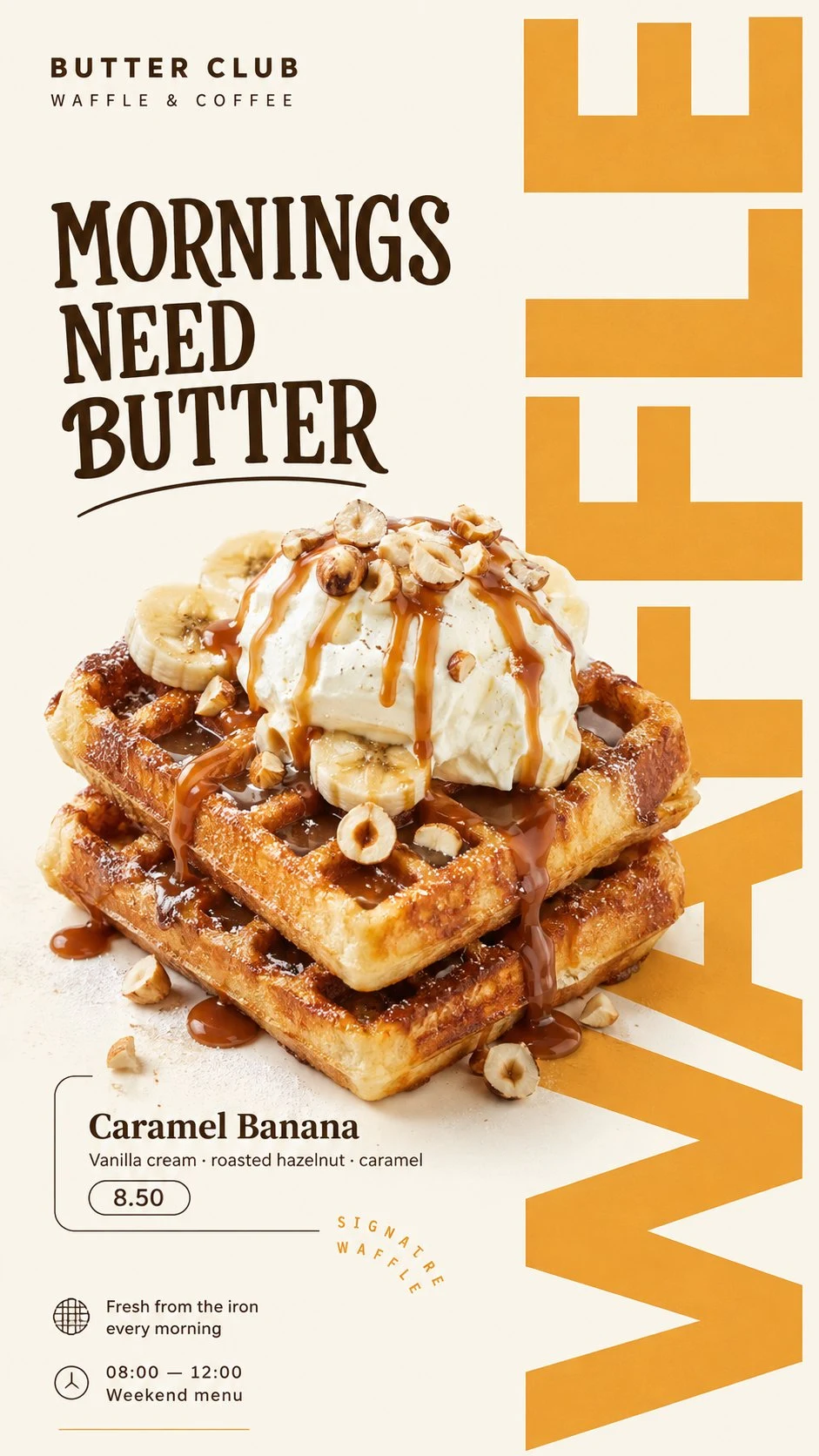 Editorial Waffle Poster with Caramel Banana Topping