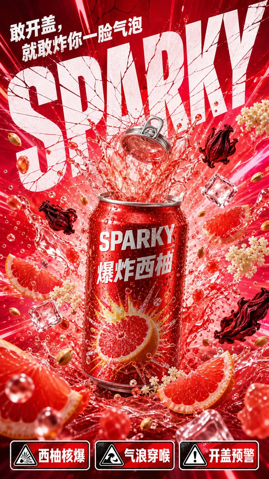 Sparky Grapefruit Soda Can Exploding with Fruit and
