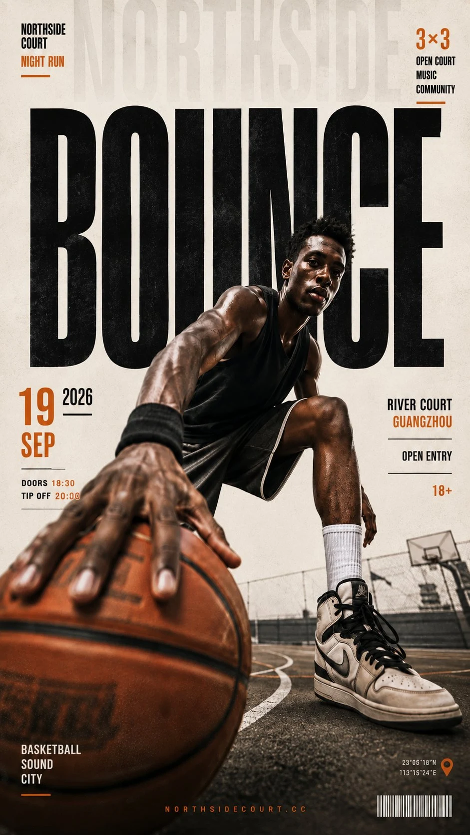 Bold editorial poster with basketball player and