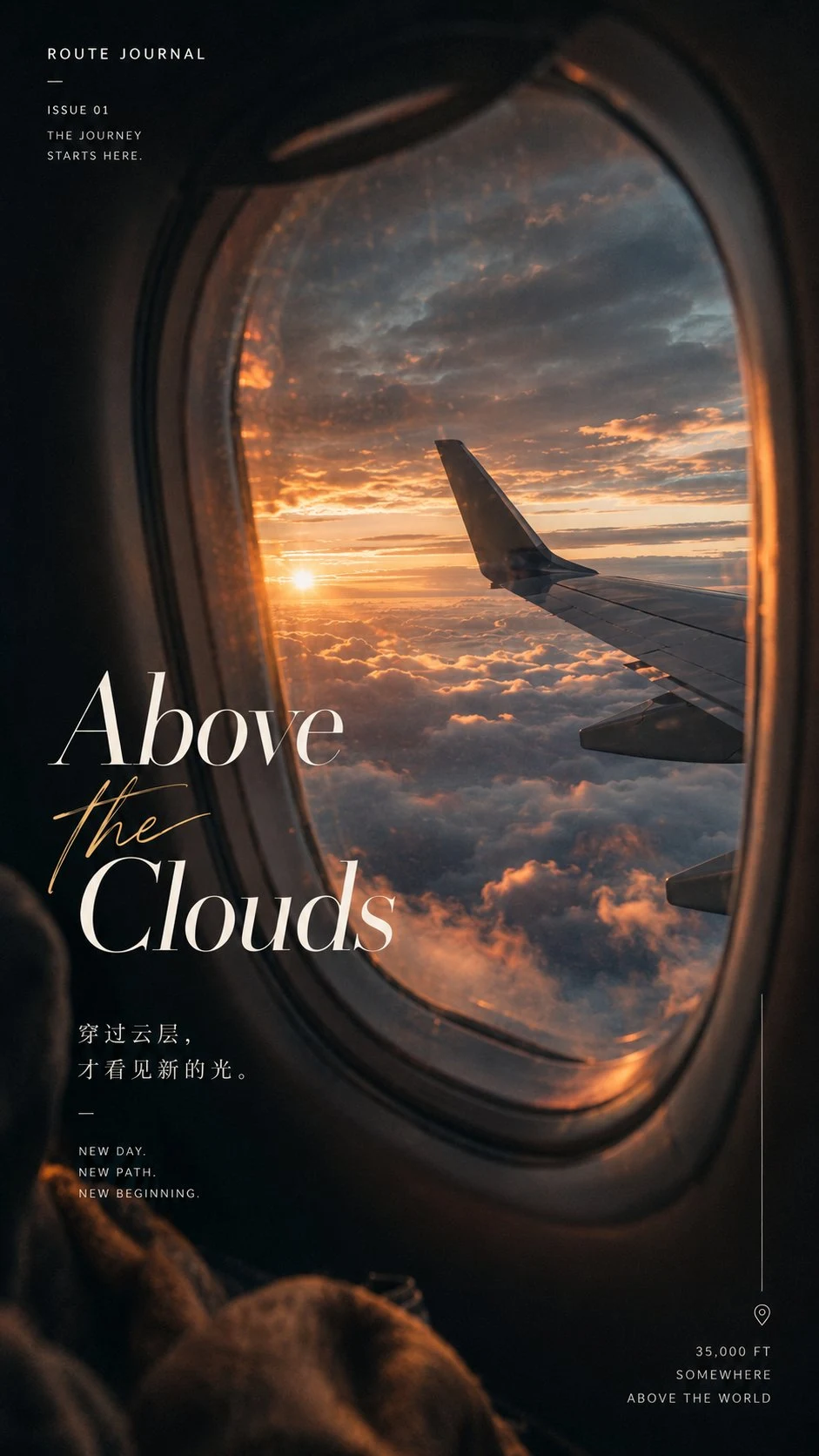 Airplane window view above golden clouds at sunset,