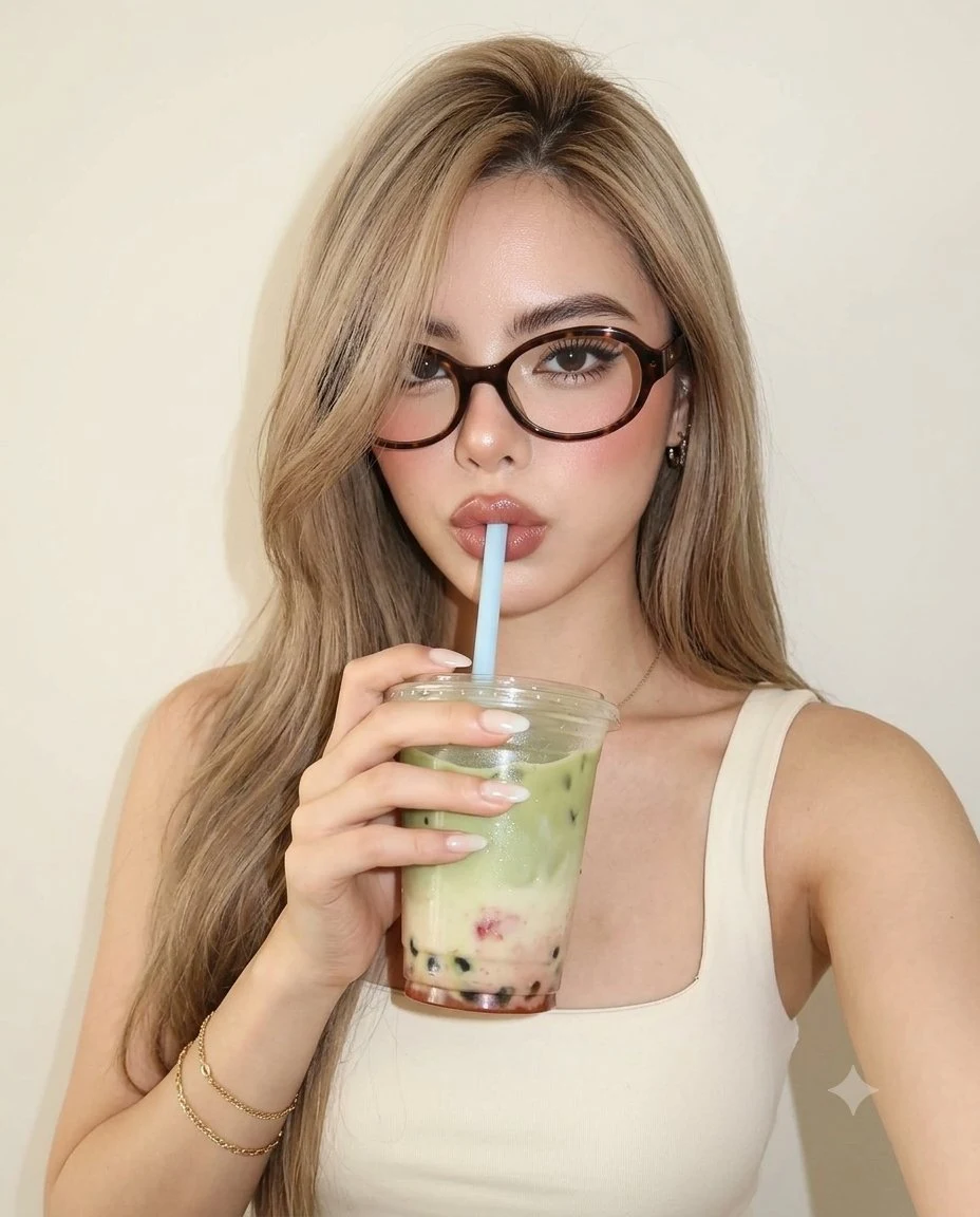 blonde woman drinking matcha with glasses