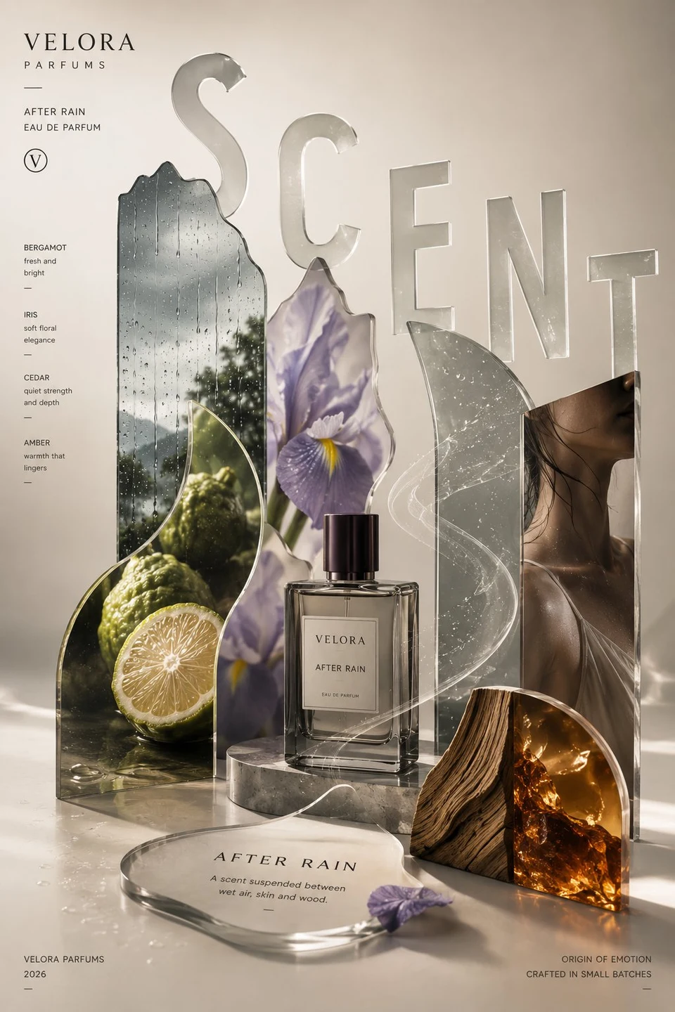 Luxury perfume spatial editorial poster design with
