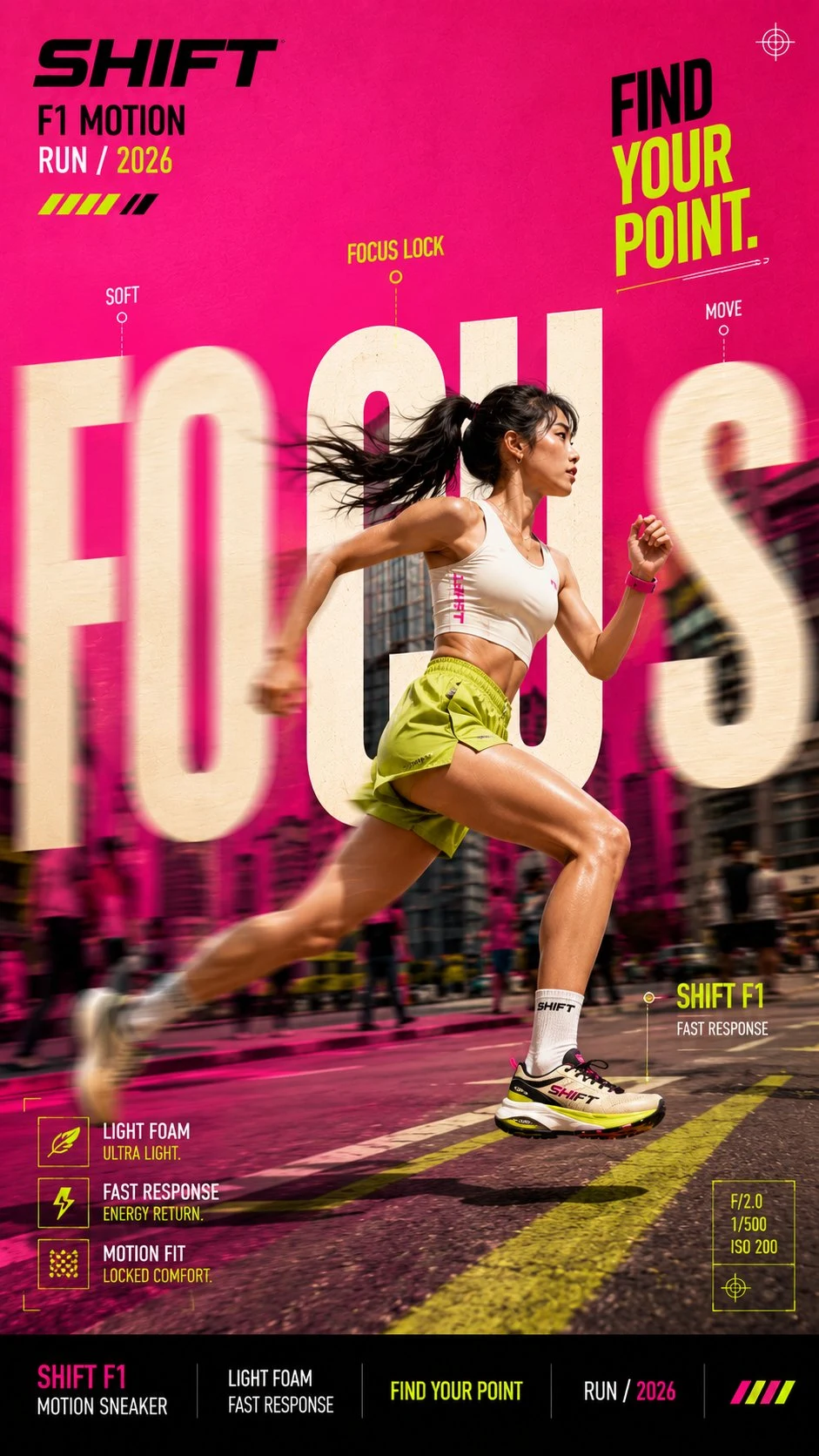 Neon editorial running poster with focus typography
