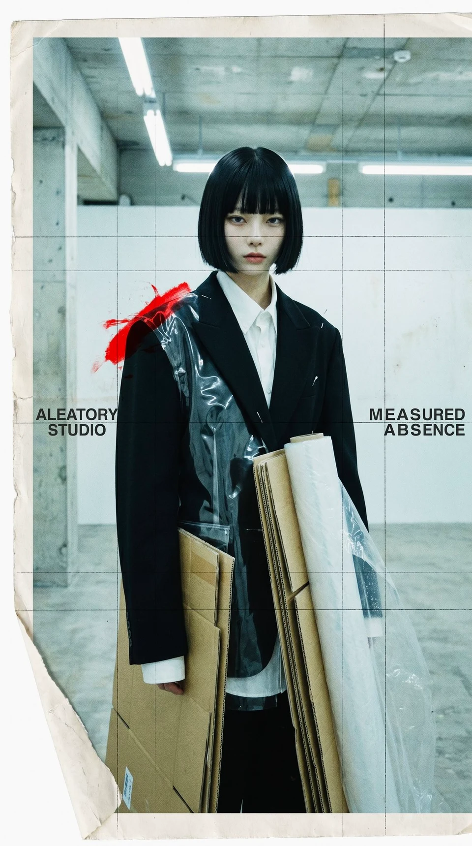 Portrait of young woman in black blazer with boxes