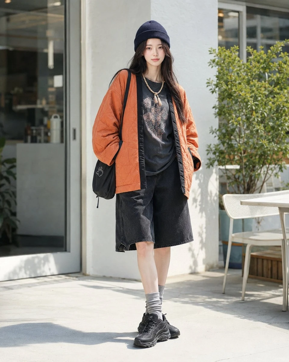 Japanese street fashion outfit with orange hanten