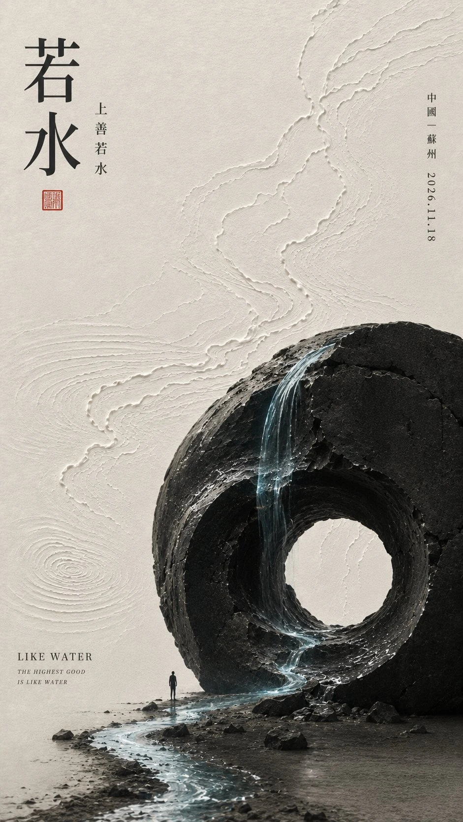 Oriental minimalist poster with stone ring and water