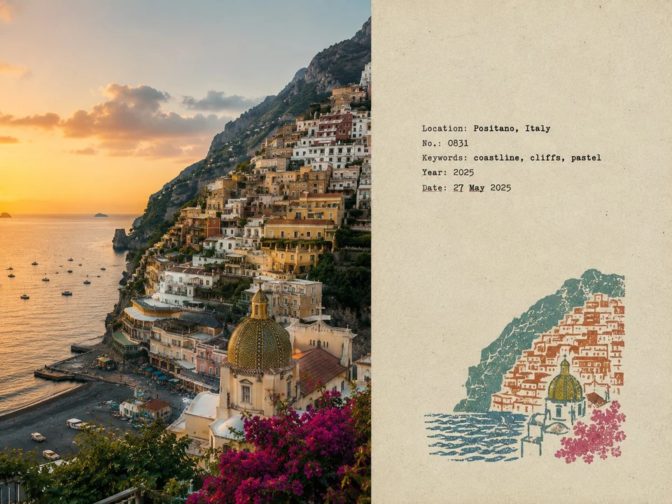 Positano Italy Travel Field Note Poster with Rubber