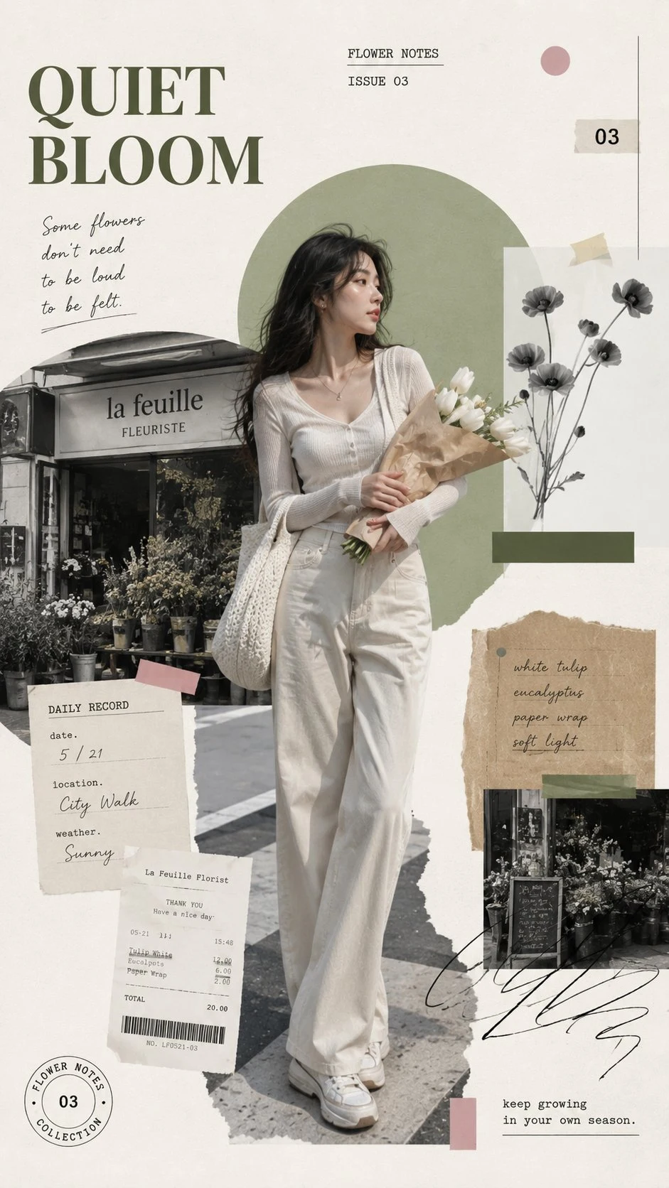 Vertical editorial collage poster with woman holding