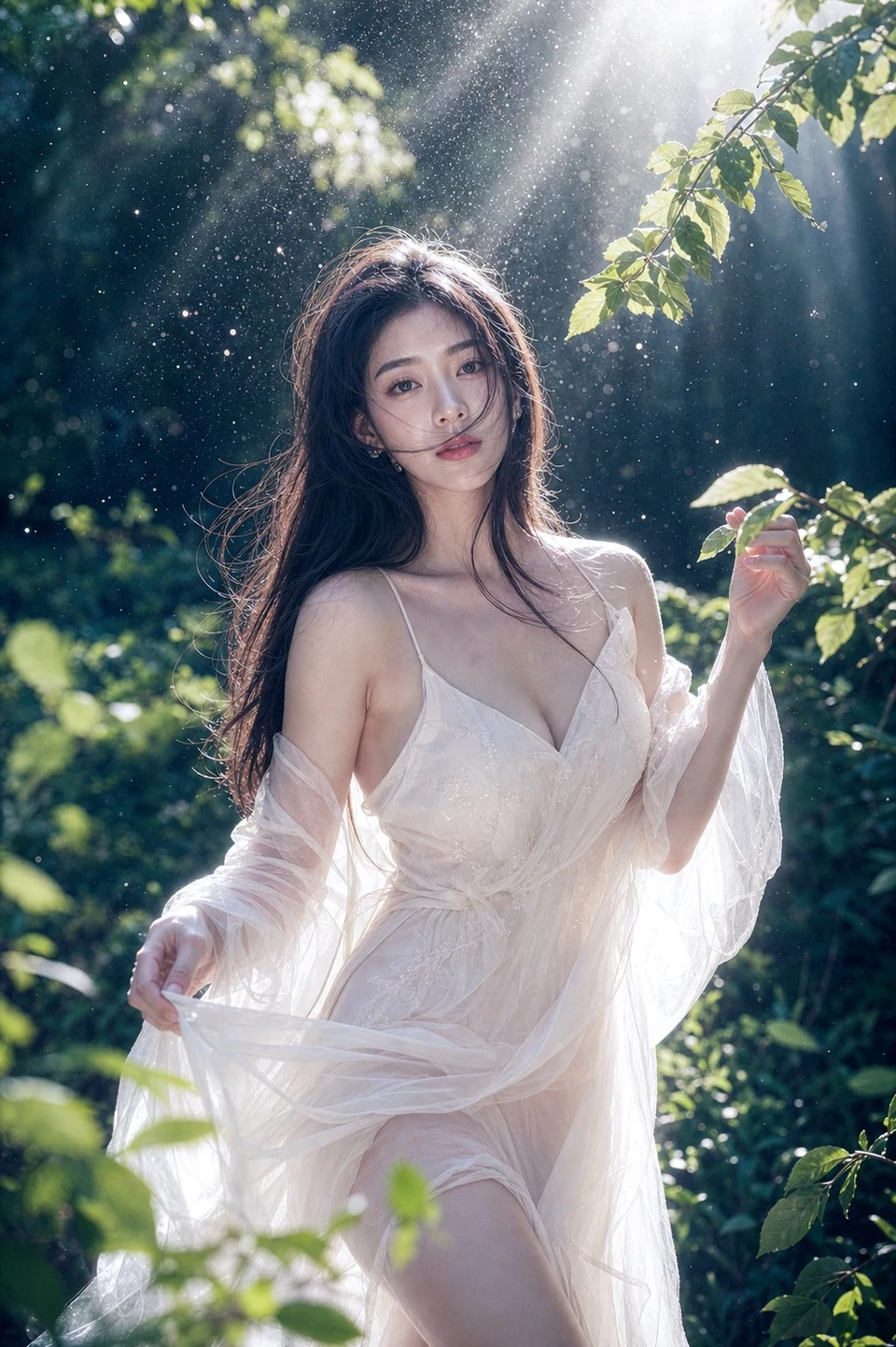 Asian woman in white dress with god rays in forest