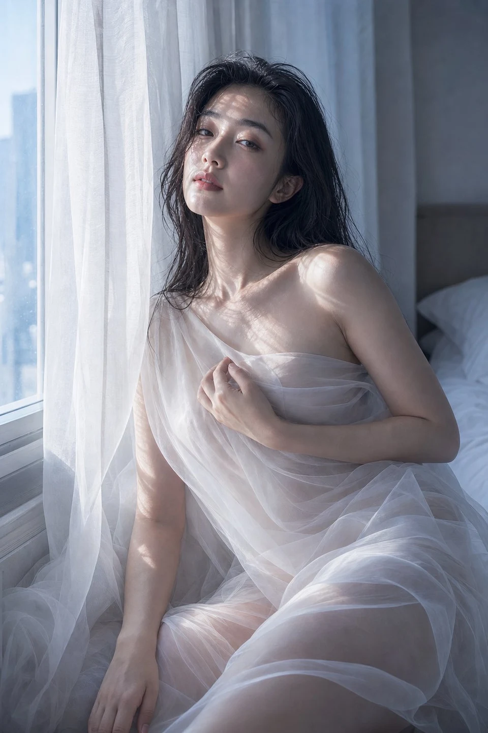 Woman in white sheer fabric by morning window