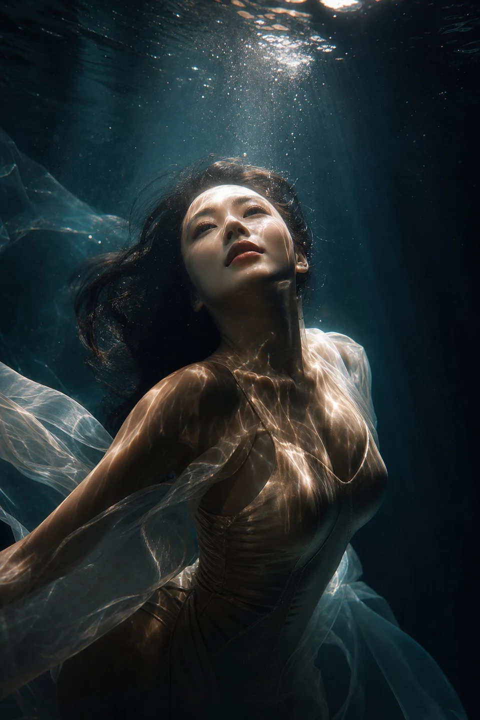Cinematic underwater portrait with caustic lighting