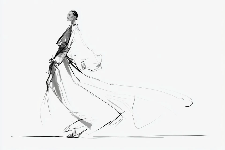 Minimalist Fashion Figure Walking in Flowing Garment