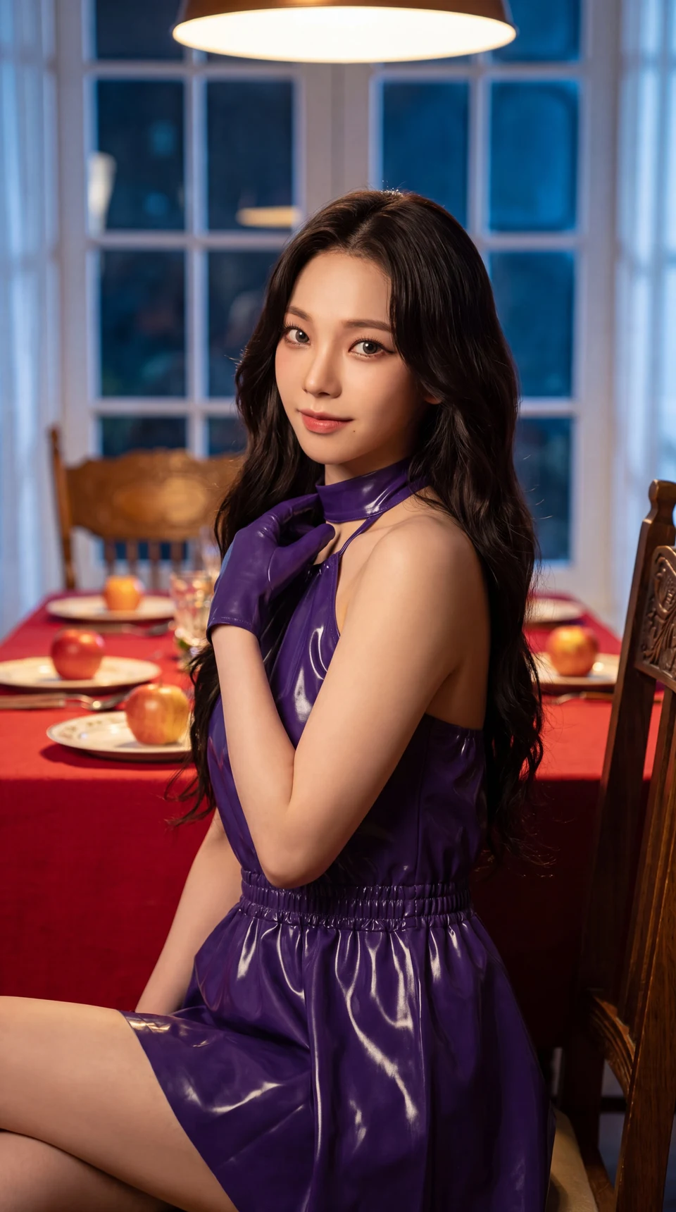 Karina portrait in purple latex dress at dinner