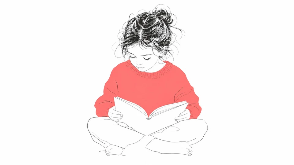 Girl in red sweater reading book editorial line art