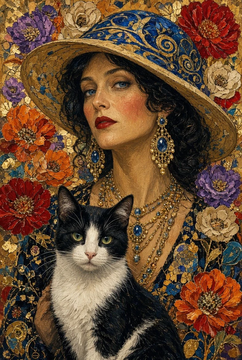 Woman in Ornate Hat Holding Tuxedo Cat in Art