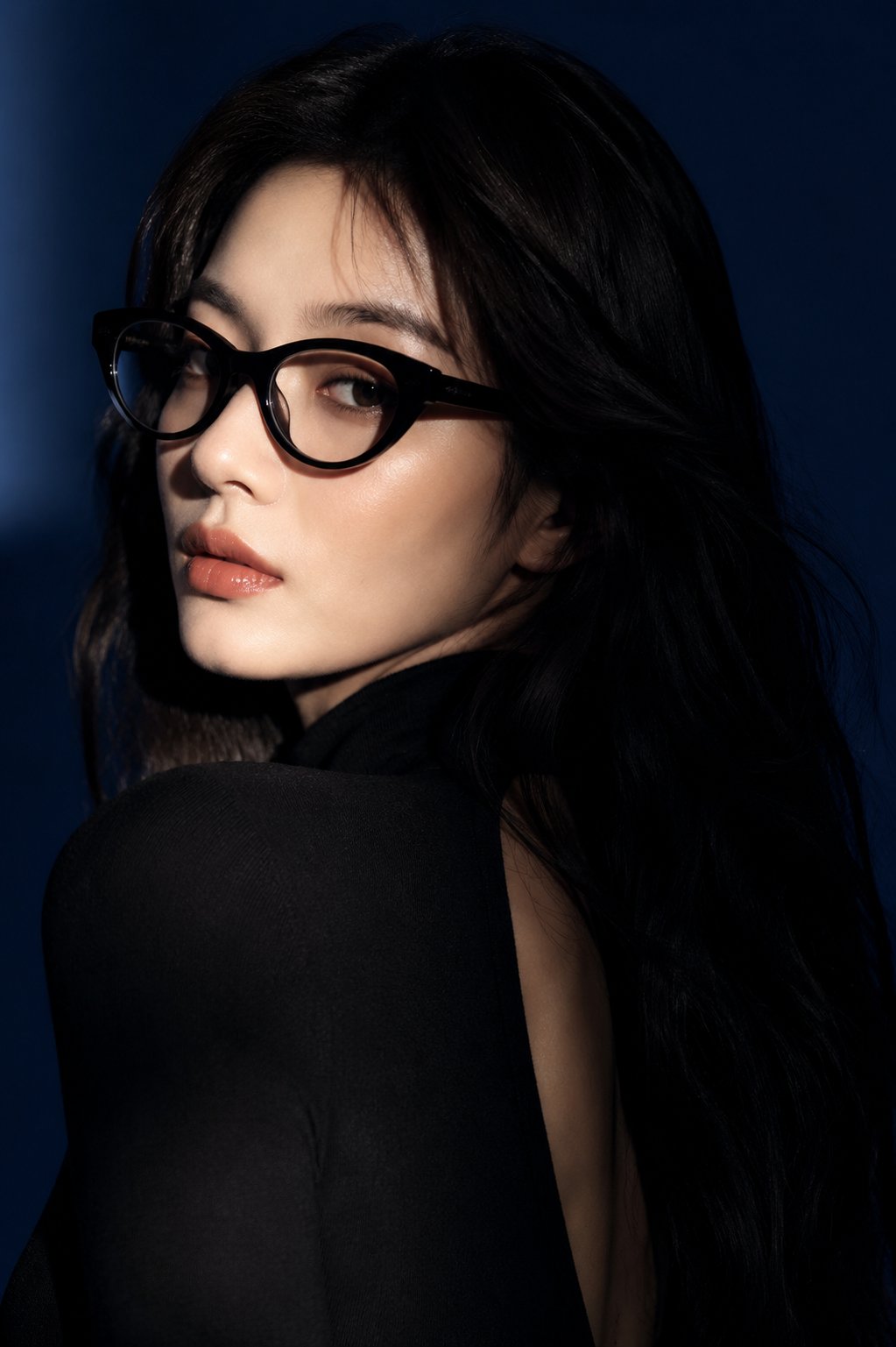 Fashion editorial portrait of a woman with black