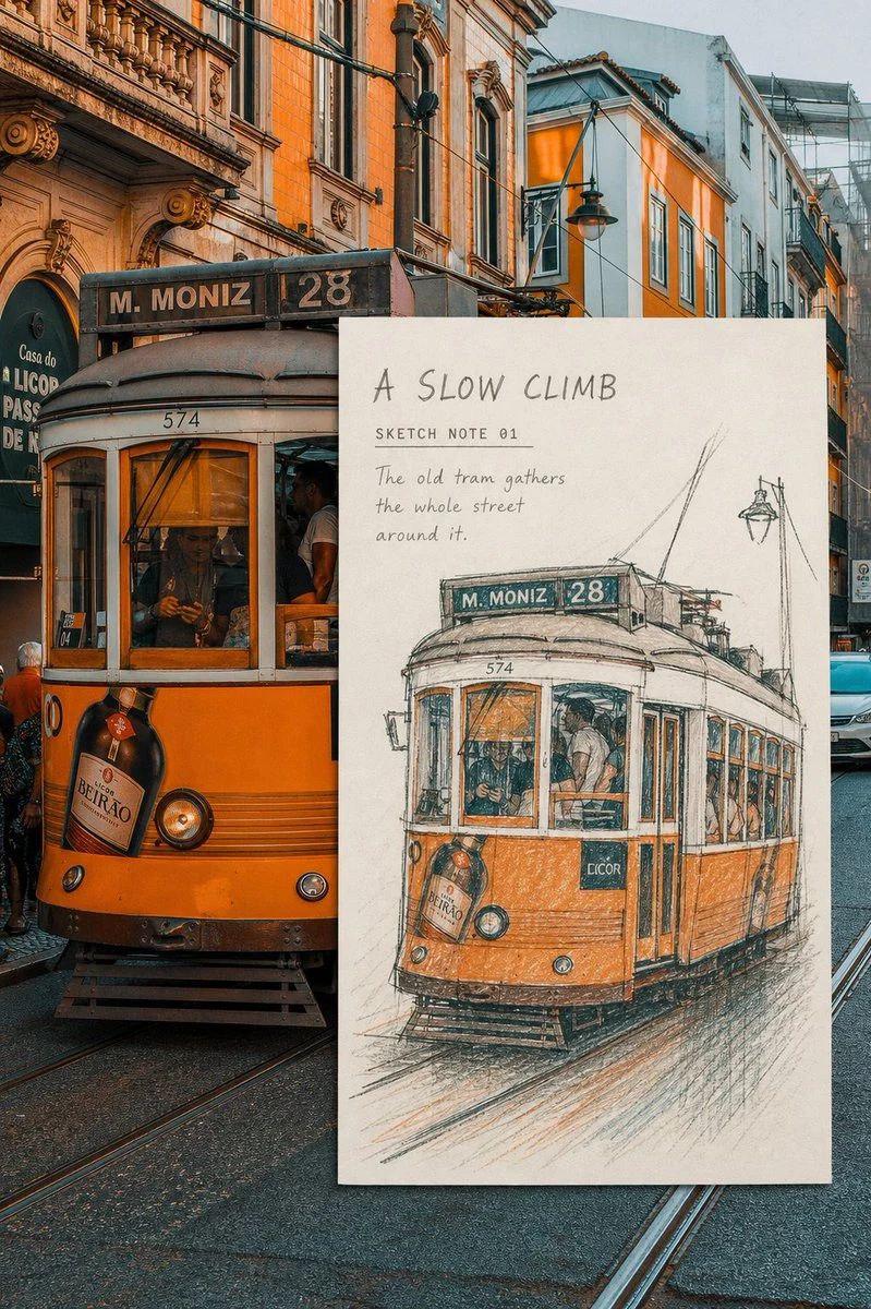 Lisbon tram street sketch with colored pencil