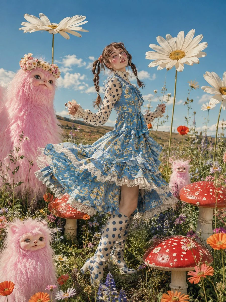whimsical fashion girl with pink creature in flower