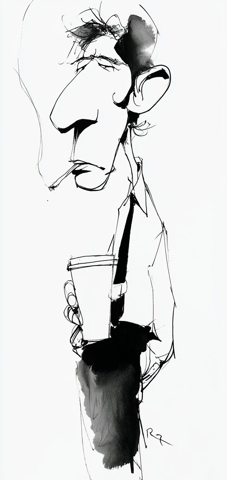 black ink caricature man smoking with coffee