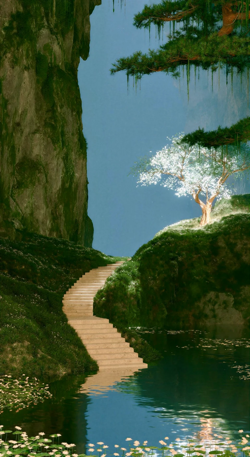 Mystical stone staircase to luminous tree beside