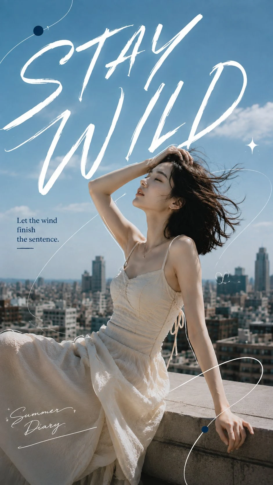 editorial portrait of woman sitting on rooftop with