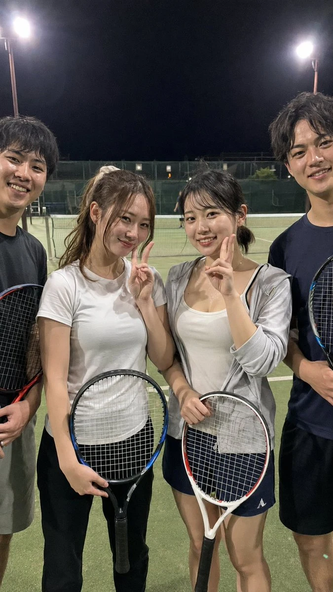 Japanese tennis group night court selfie with peace