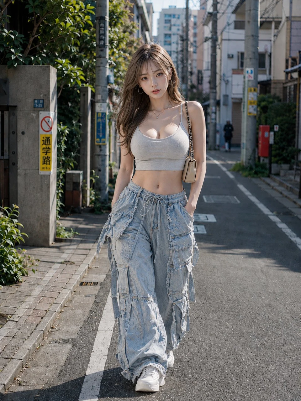 Full-body Japanese street fashion portrait of woman