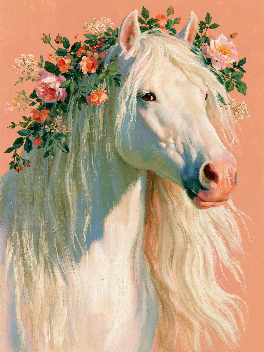 Floral rose-adorned white horse painting