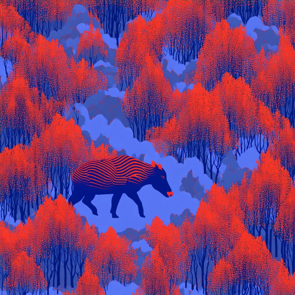 Stylized Wild Boar in Red and Blue Forest
