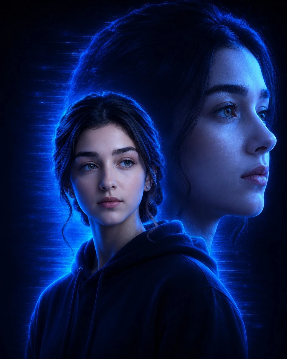 Cinematic double exposure portrait with blue neon