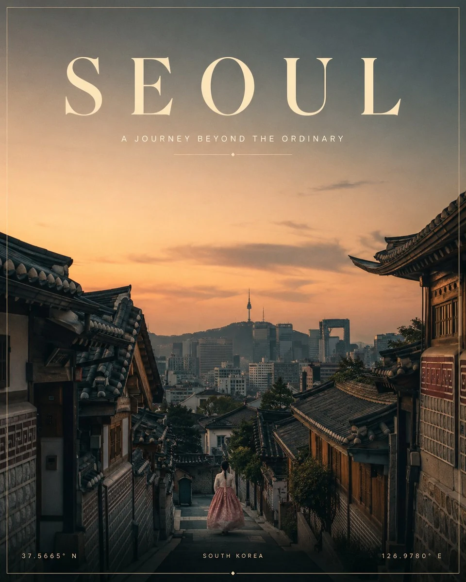 Seoul Travel Poster with Hanok Village and N Seoul
