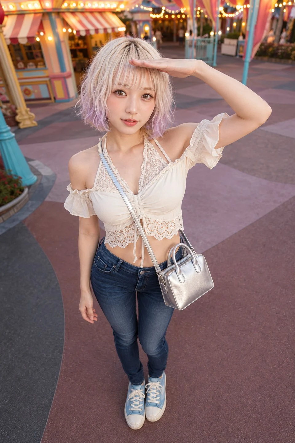 Young woman wearing lace crop top and jeans at theme