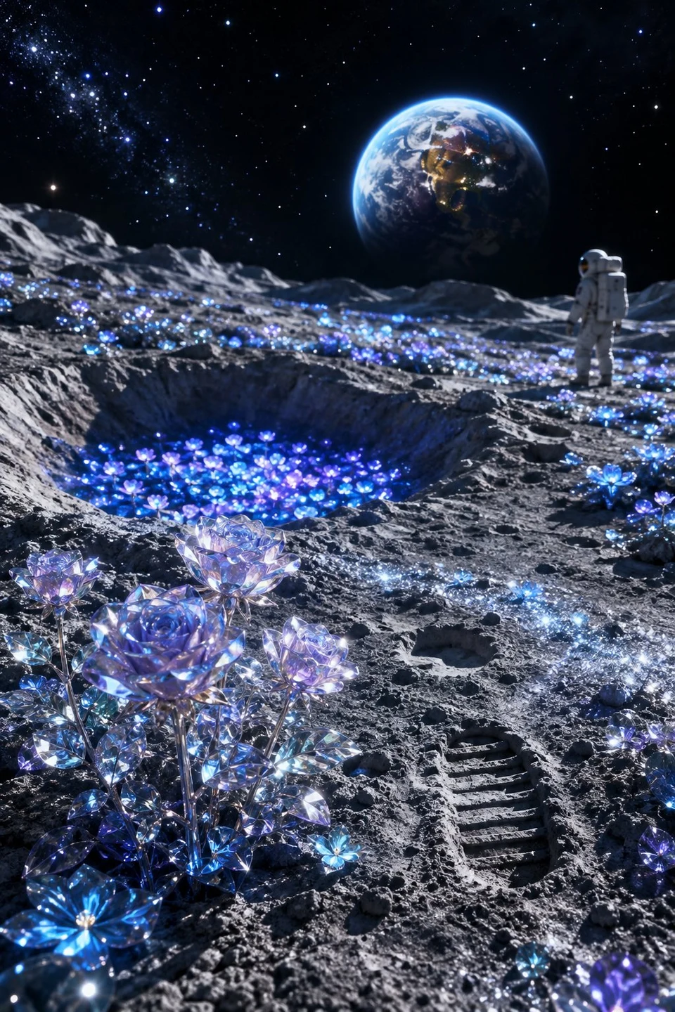 Glowing crystal flowers on lunar surface with