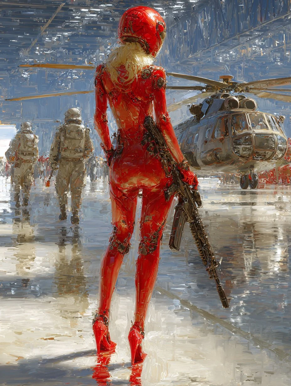 painterly futuristic female soldier red bodysuit