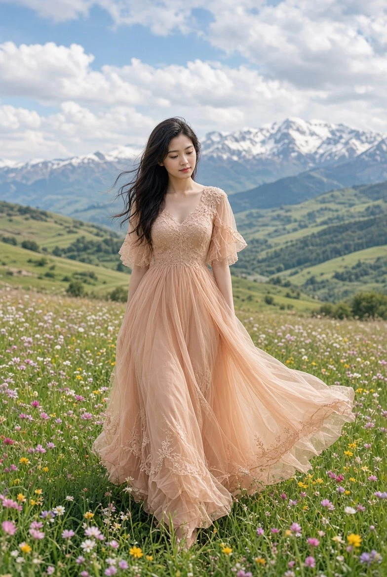 East Asian Woman in Pink Dress Among Mountain