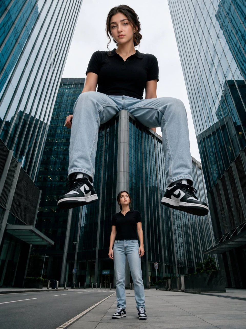Giant woman and miniature version in modern city