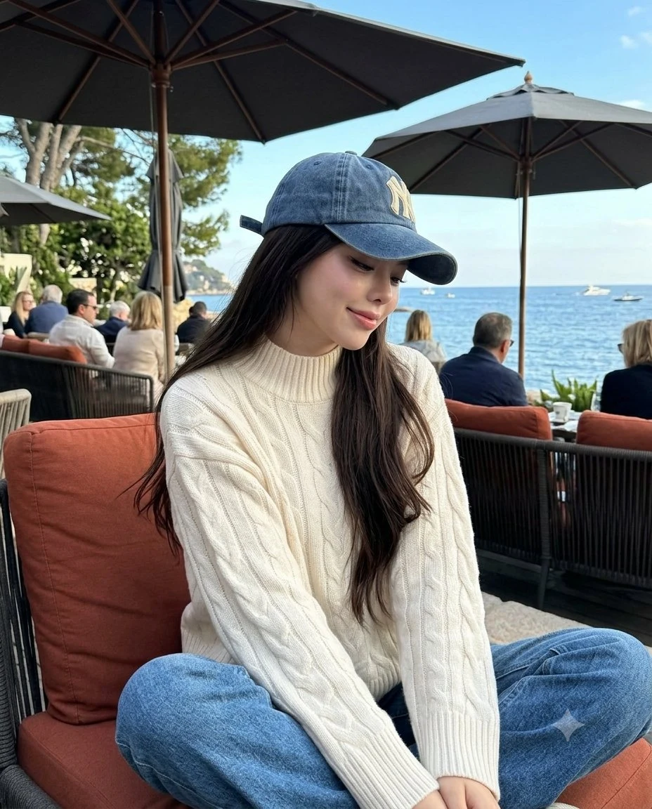 young woman in denim cap at seaside cafe