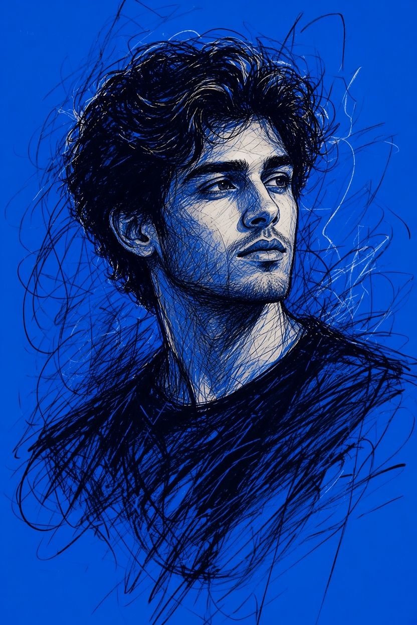 raw ink scribble portrait of young man on solid blue