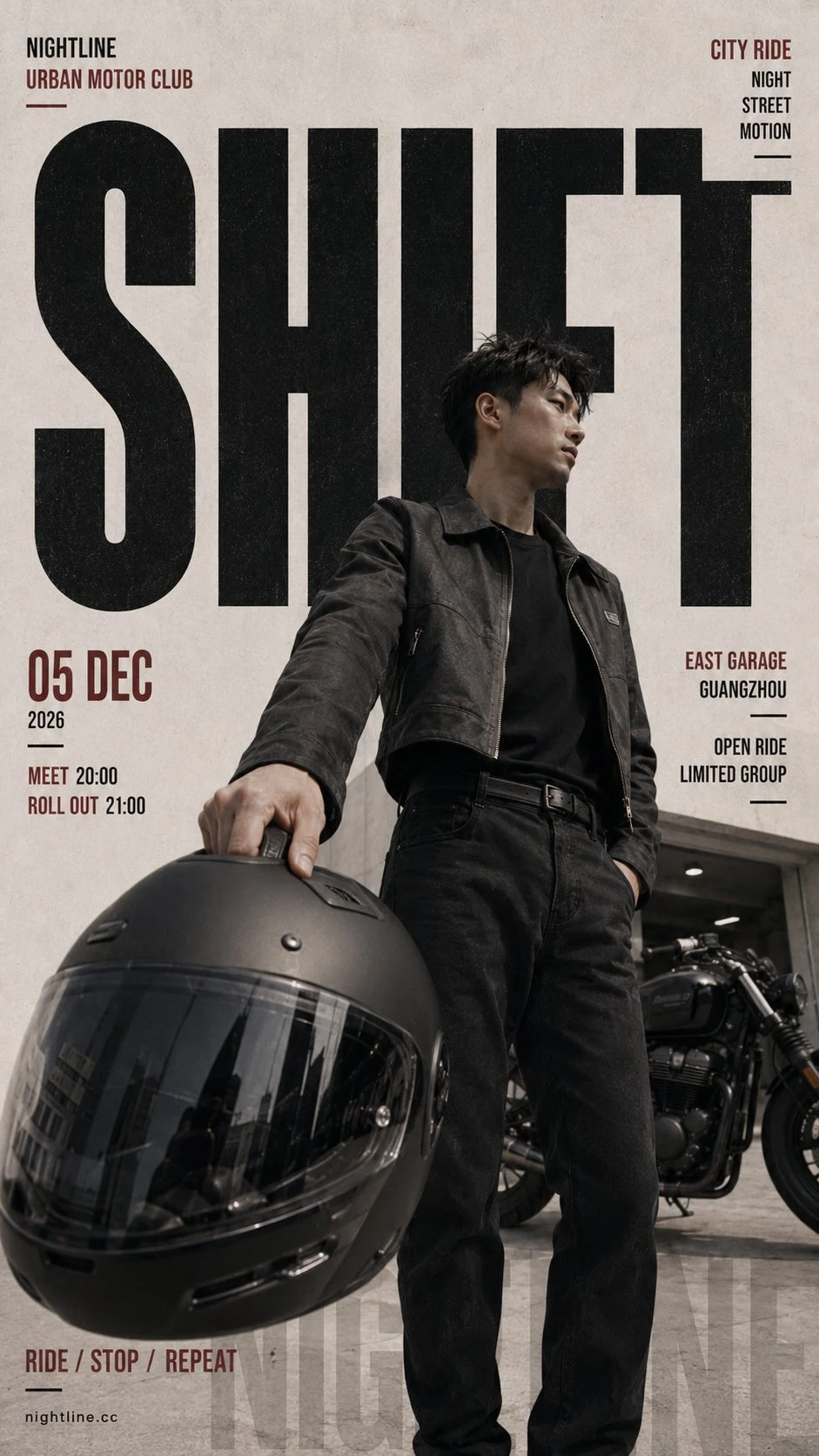 Editorial motorcycle event poster featuring man with