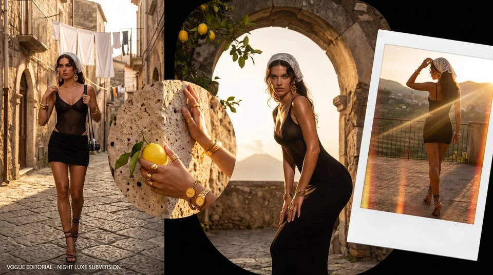 High-Fashion Woman in Black Dress at Golden Hour