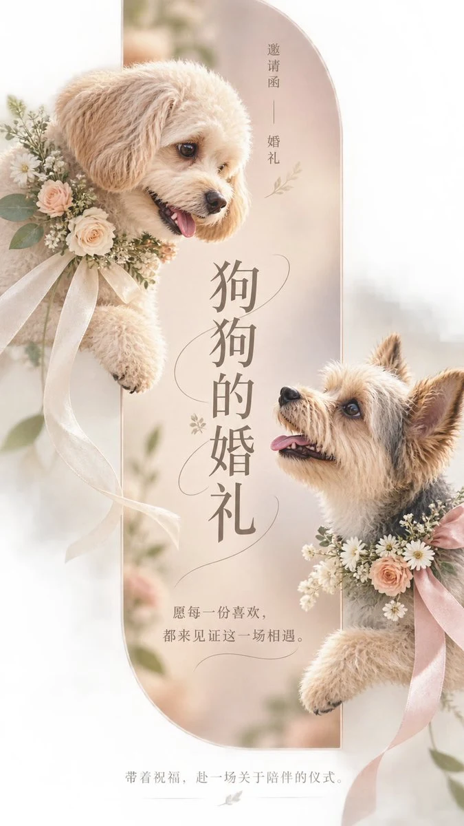 Vertical pet wedding invitation with two fluffy dogs
