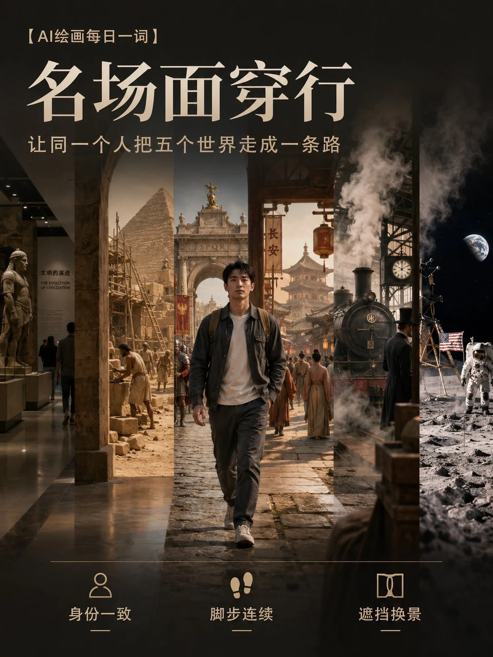 Man walking through collage of history and sci-fi
