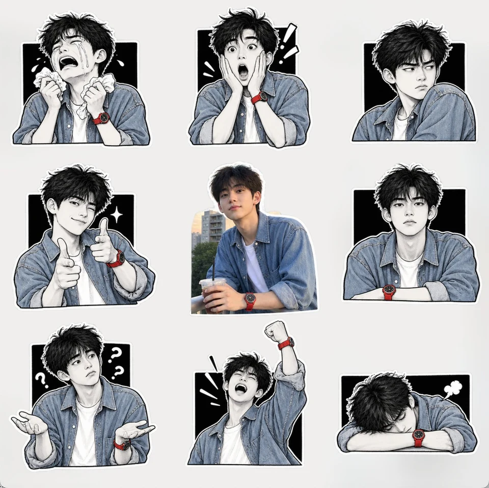 young man 3x3 emoji sticker sheet meme collage