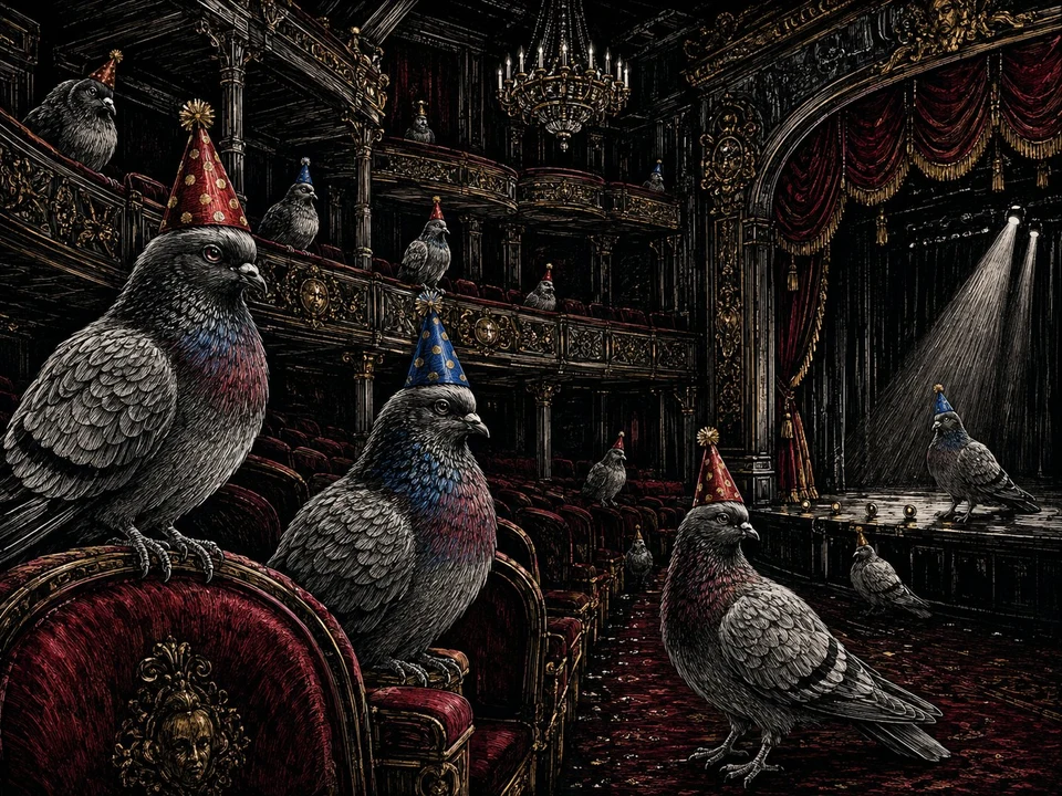 Pigeons in party hats in ornate theater