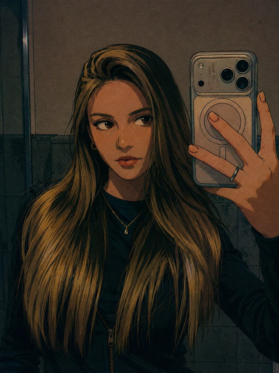 Retro 90s anime style girl taking a dim mirror