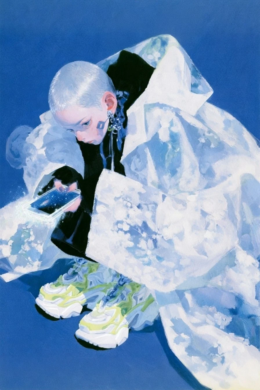 Futuristic person in holographic raincoat looking at