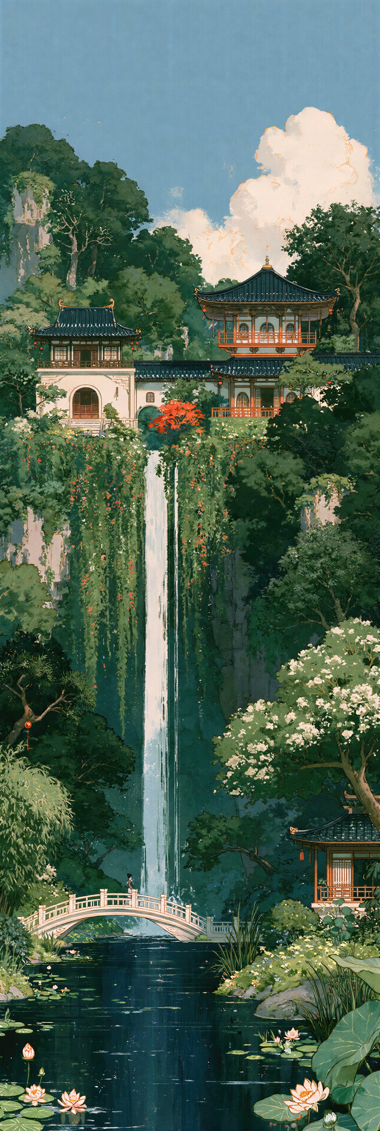waterfall cascading from traditional asian temple