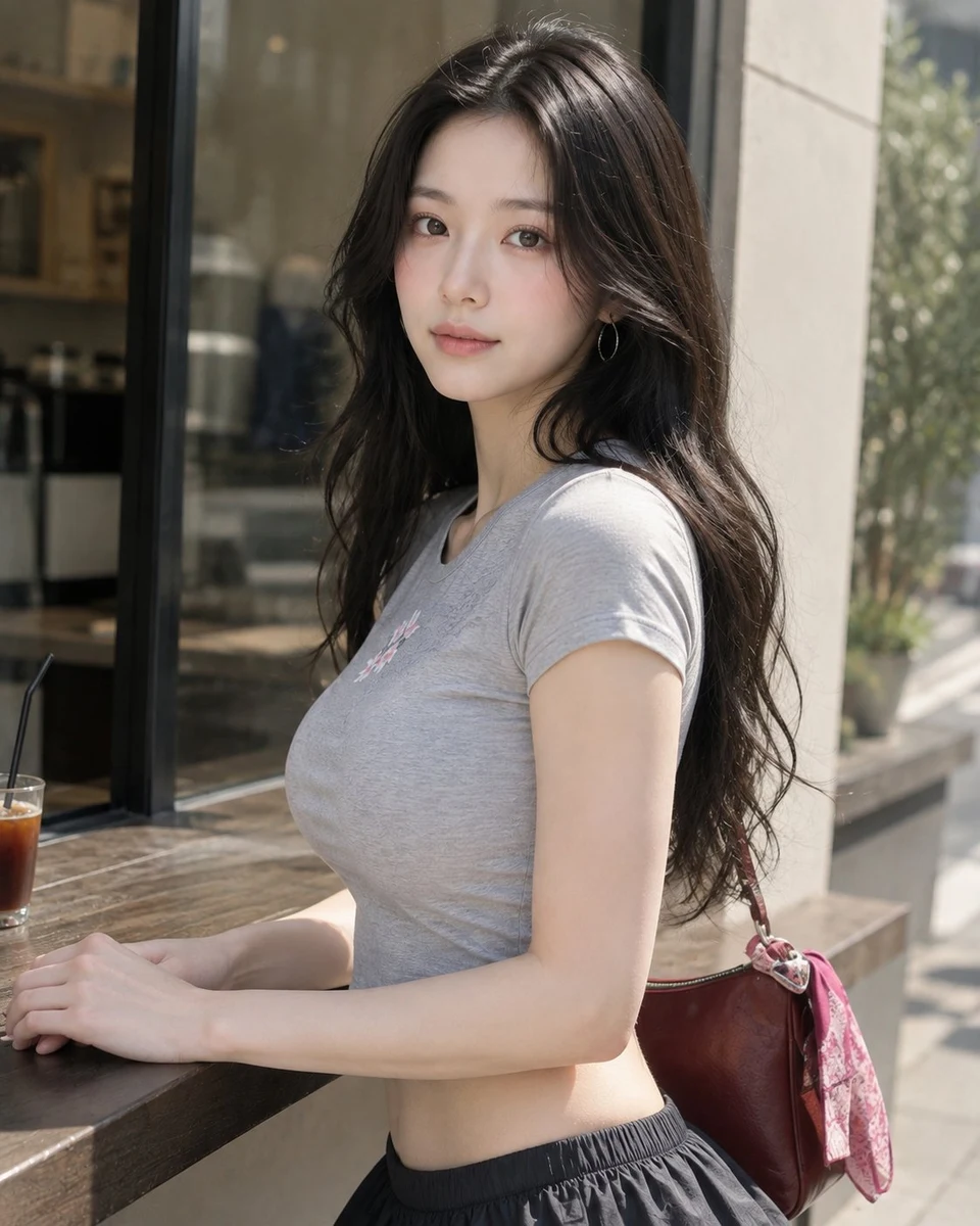 Young woman in cherry blossom tee and skirt posing