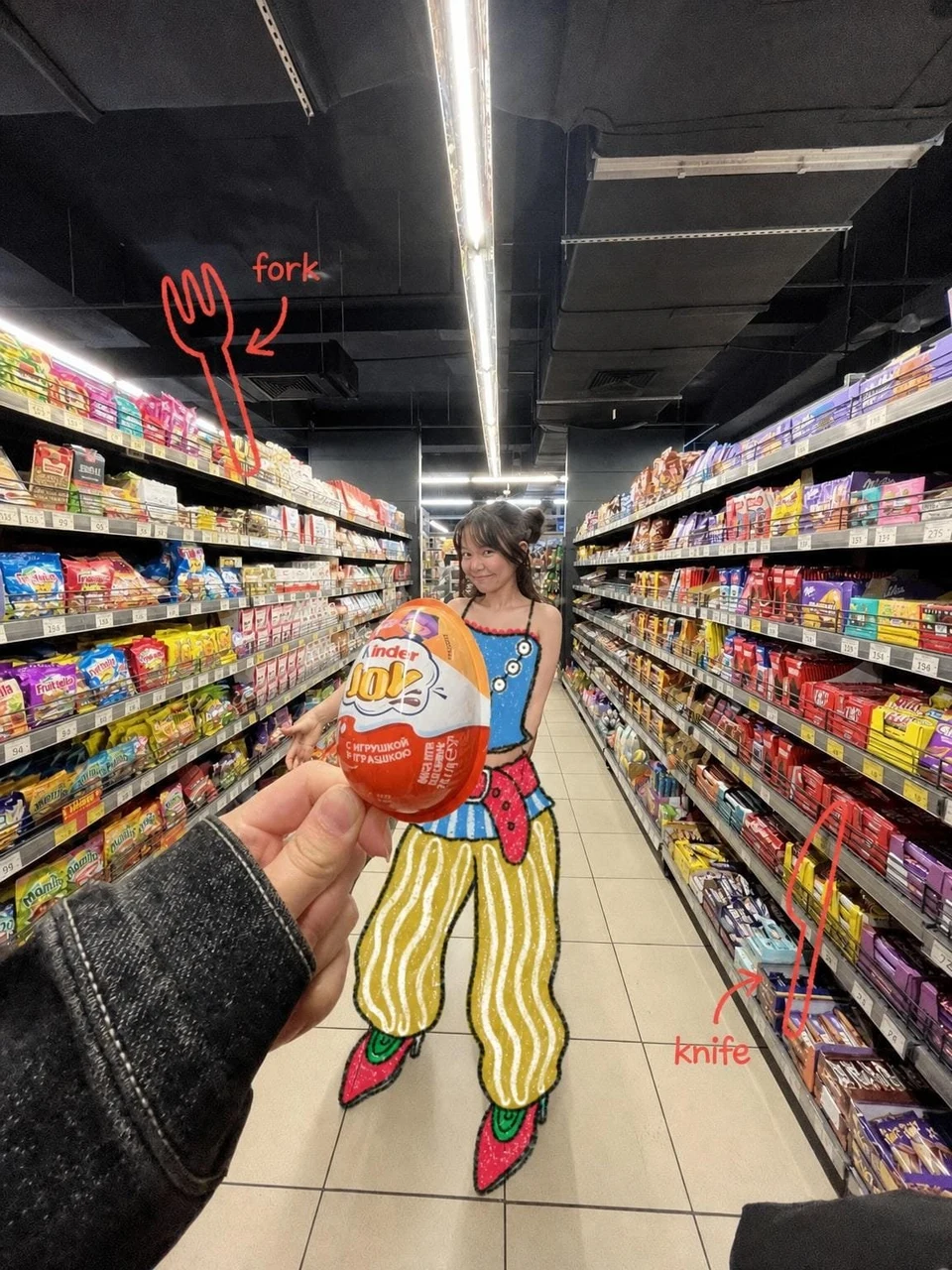Grocery Store Photo With Hand-Drawn Doodle Outfit