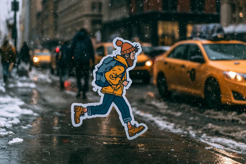 Cartoon sticker man running through snowy city